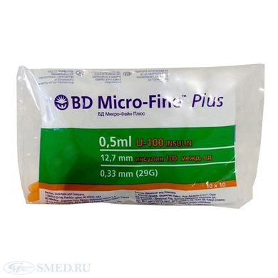 Шприц инсулиновый Becton Dickinson Micro Fine Plus 0,5мл U-100, G29, 100 шт.