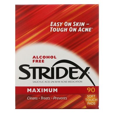 Stridex, Однокроковий засіб від вугрів, максимальна сила, без спирту, 90 м'яких серветок