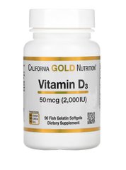 Витамин D3, 50 мкг (2000 МЕ), California Gold Nutrition, 90 рыбно-желатиновых капсул, CGN-01179