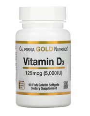 Витамин D3, 125 мкг (5000 МЕ), California Gold Nutrition, 90 рыбно-желатиновых капсул, CGN-01065