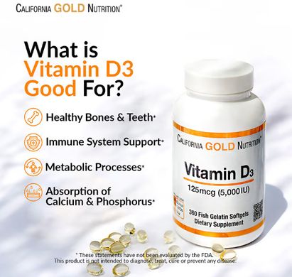Вітамін D3, 125 мкг (5000 МО), California Gold Nutrition, 90 рибно-желатинових капсул, CGN-01065