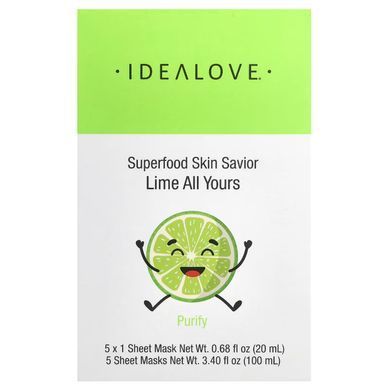 Idealove, Superfood Skin Savior, маска із суперфудами, лайм, 5 шт. по 20 мл, IDE-02314