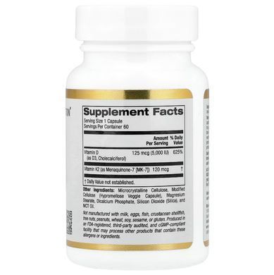 California Gold Nutrition, витамины D3 и К2 в форме MK-7, 60 растительных капсул, CGN-02332