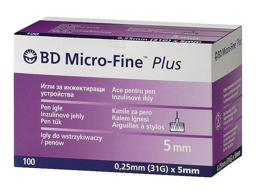 Голки Becton Dickinson Micro-Fine Plus для інсулінових шприц-ручок 5 мм, 100 шт.