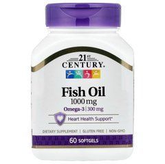 Рыбий жир с Омега-3 для сердца и суставов 21st Century Fish Oil 1000 мг, 60 капсул, CEN-21495