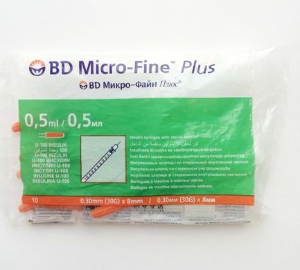 Шприц инсулиновый Becton Dickinson Micro Fine Plus 0,5мл U-100, G30, 100 шт.