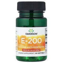 Swanson, E-200, вітамін E, 90 мг (200 МО), 60 капсул, SWV-11437