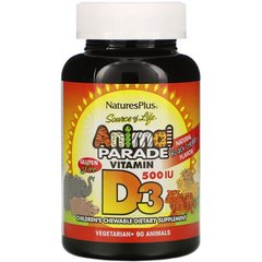Витамин Д для детей, Animal Parade Vitamin D3 500 МЕ, Nature's Plus, (90 шт.)