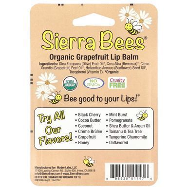 Sierra Bees, Органічні бальзами для губ, грейпфрут, 4 шт. в упаковці, MBE-01147