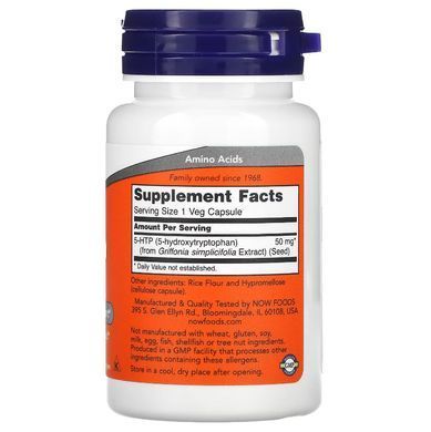 NOW Foods, 5-гидрокситриптофан (5-HTP), 50 мг, 30 растительных капсул, NOW-00097