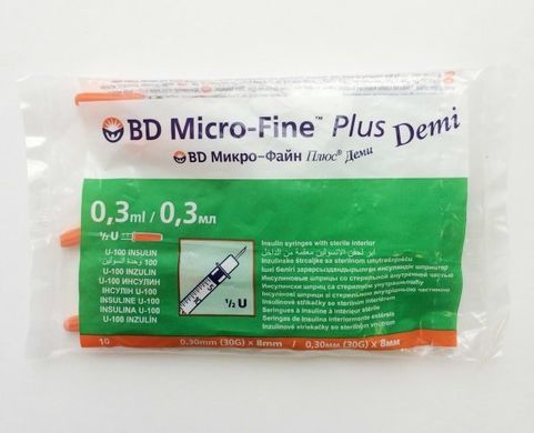 Шприц инсулиновый Becton Dickinson Micro Fine Plus Demi 0,3мл U-100, G30, 100 шт.