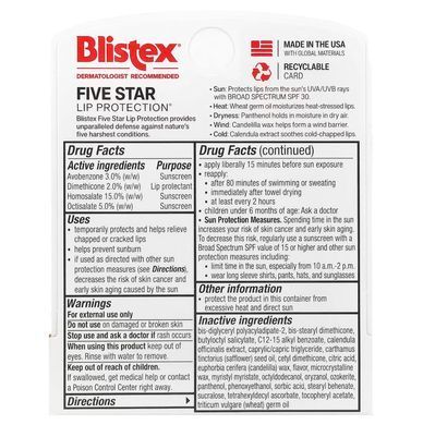 Blistex, Five Star Lip Protection, защитное средство для губ и солнцезащитное средство, SPF 30, 4,25 г, BTX-00223
