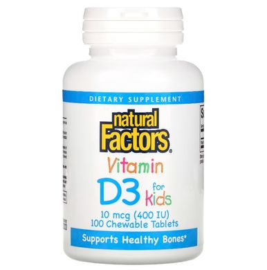 Natural Factors, витамин D3, клубничный вкус, 10 мкг (400 МЕ), 100 жевательных таблеток, NFS-01059