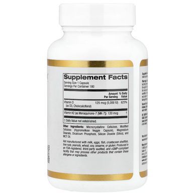 California Gold Nutrition, витамины D3 и К2 в форме MK-7, 180 растительных капсул, CGN-02333
