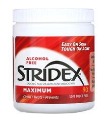 Stridex, Одношаговое средство от угрей, максимальная сила, без спирта, 90 мягких салфеток, R-SDX-09709