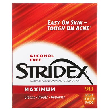 Stridex, Однокроковий засіб від вугрів, максимальна сила, без спирту, 90 м'яких серветок