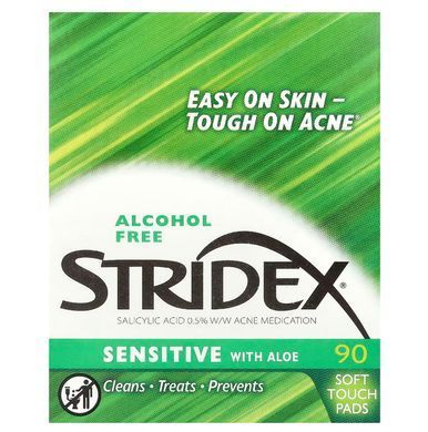 Stridex, Sensitive с алоэ, без спирта, 90 мягких салфеток, SDX-06965